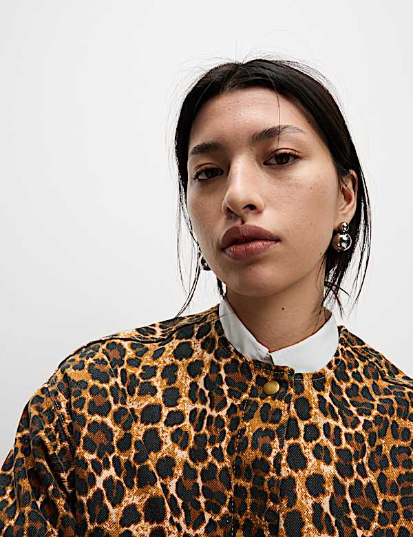 Denim Leopard Print Collarless Jacket - CZ