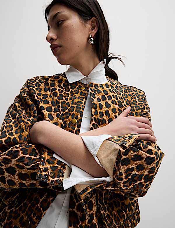 Denim Leopard Print Collarless Jacket - CZ