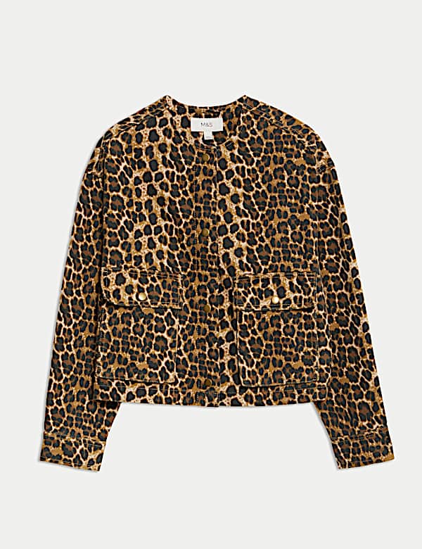 Denim Leopard Print Collarless Jacket - CZ
