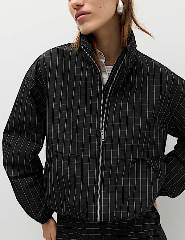 Checked Funnel Neck Windbreaker Jacket - DK