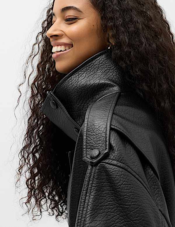 Faux Leather Funnel Neck Bomber Jacket - FR