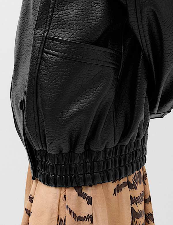 Faux Leather Funnel Neck Bomber Jacket - FR