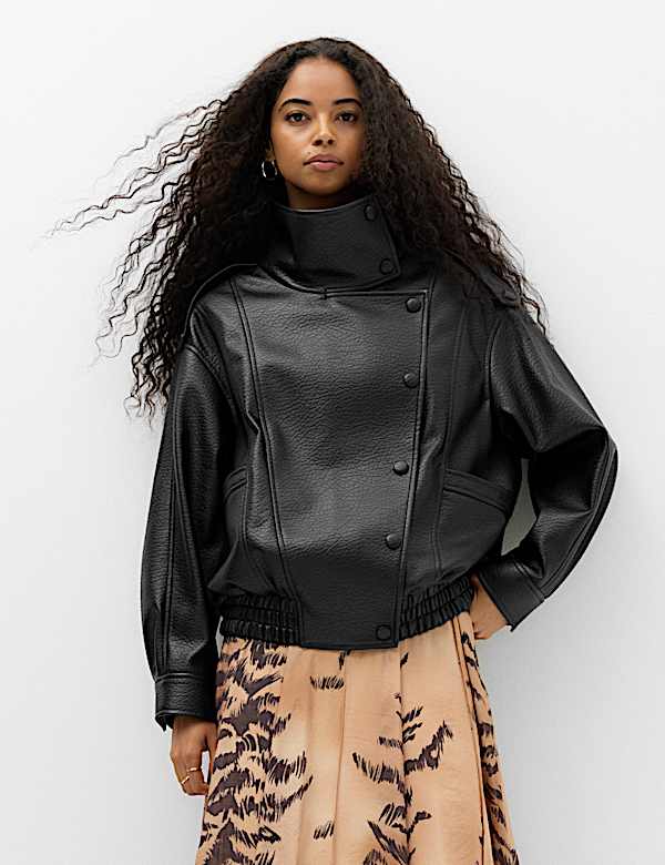 Faux Leather Funnel Neck Bomber Jacket - FR