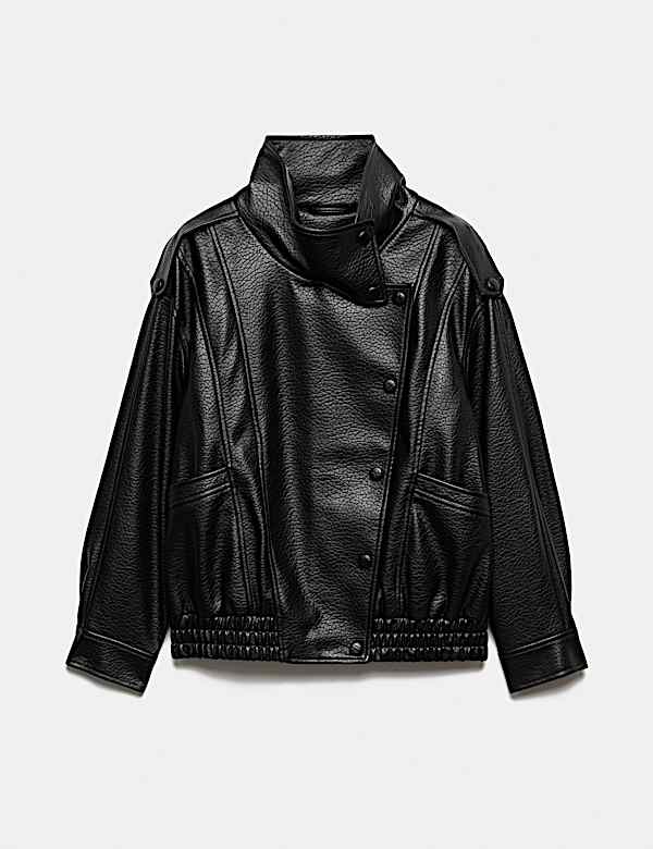 Faux Leather Funnel Neck Bomber Jacket - FR