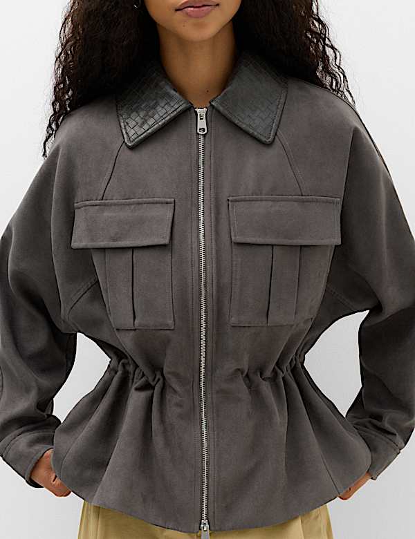 Suedette Collared Peplum Utility Jacket - CH