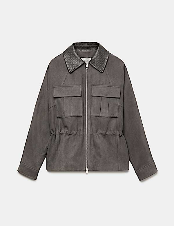 Suedette Collared Peplum Utility Jacket - CH