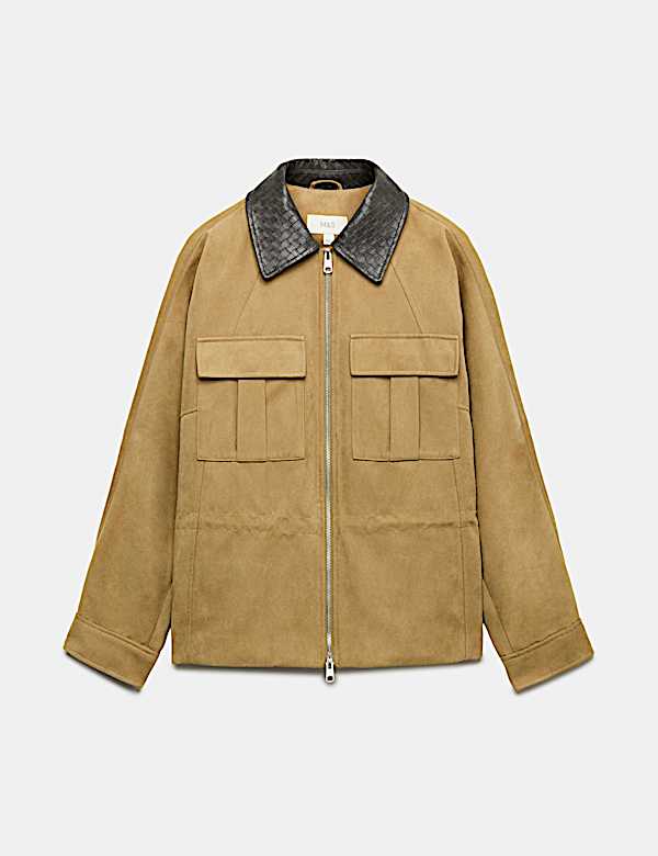Suedette Collared Peplum Utility Jacket - BN