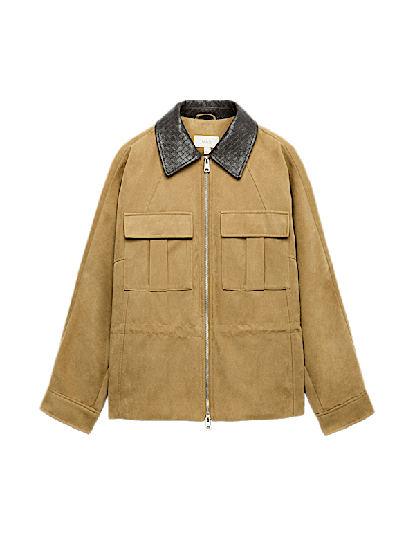 Suedette Collared Peplum Utility Jacket