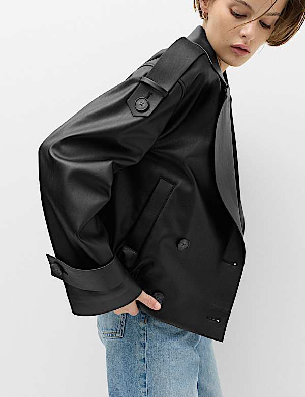 Faux Leather Revere Collar Short Jacket - JE