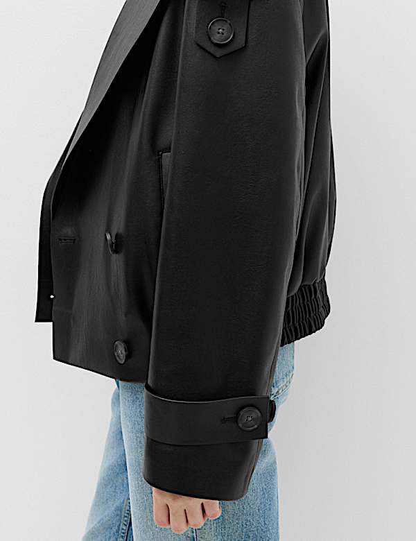 Faux Leather Revere Collar Short Jacket - JE