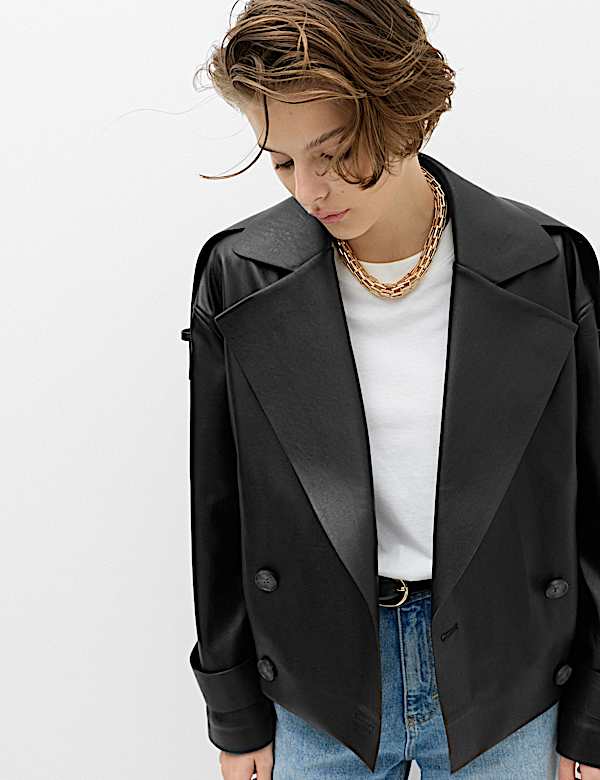 Faux Leather Revere Collar Short Jacket - JE