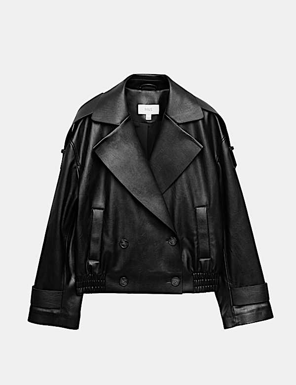 Faux Leather Revere Collar Short Jacket - JE