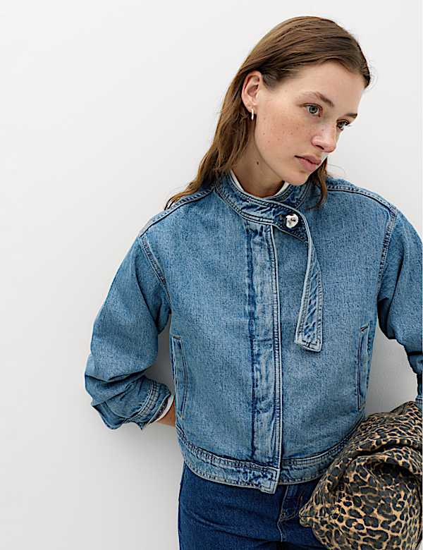 Denim Funnel Neck Short Jacket