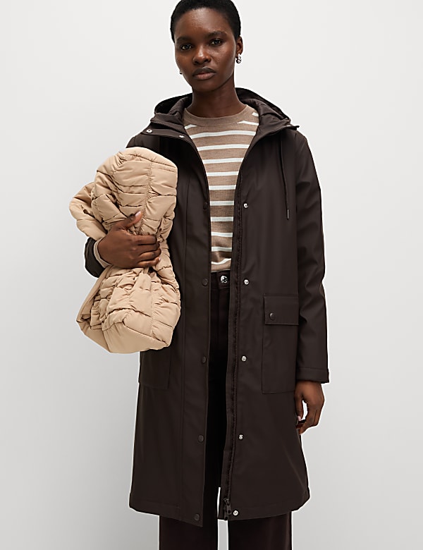 Rubber Hooded Funnel Neck Raincoat