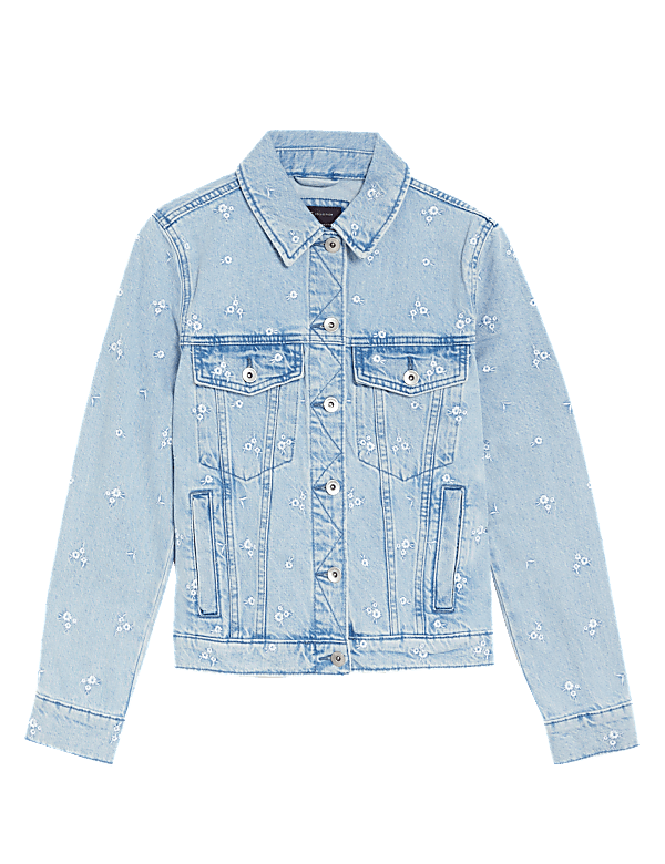 Pure Cotton Denim Floral Embroidered Jacket