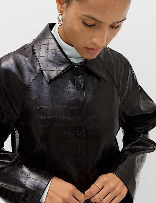 Faux Leather Croc Effect Longline Car Coat - NZ
