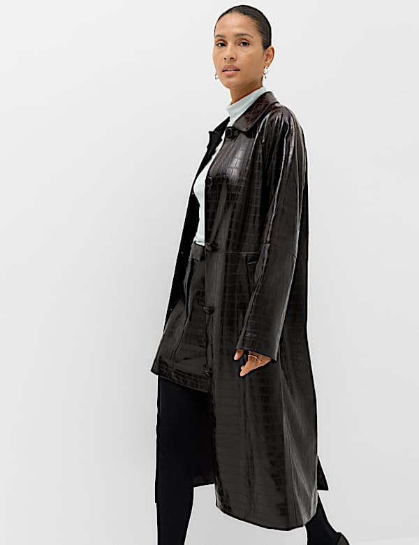 Faux Leather Croc Effect Longline Car Coat - NZ
