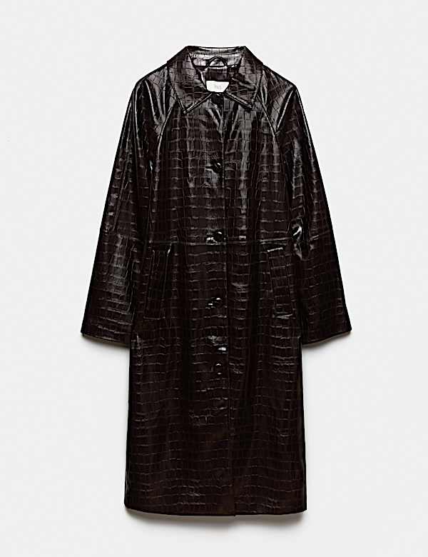 Faux Leather Croc Effect Longline Car Coat - NZ