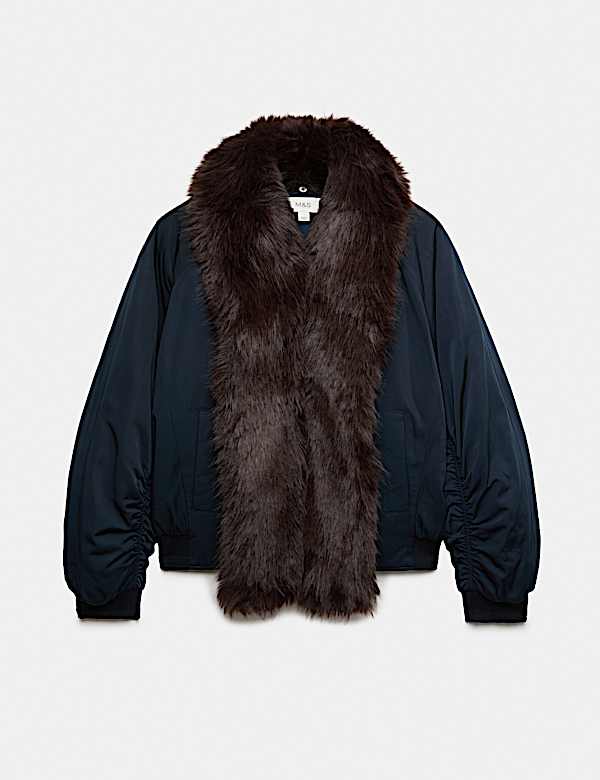Chaqueta b&oacute;mber de aviador de piel sint&eacute;tica con bufanda - US