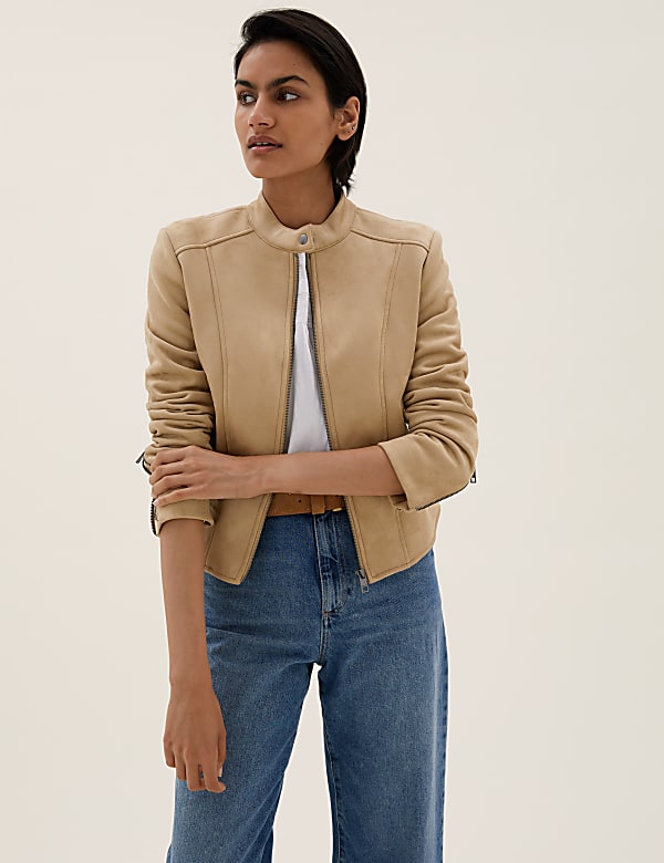 Buy Faux Suede Collarless Biker Jacket at Marks Spencer