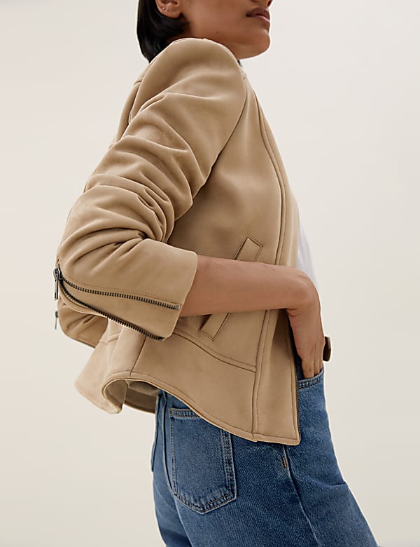 Faux Suede Collarless Biker Jacket
