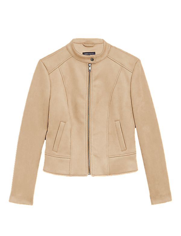 Faux Suede Collarless Biker Jacket
