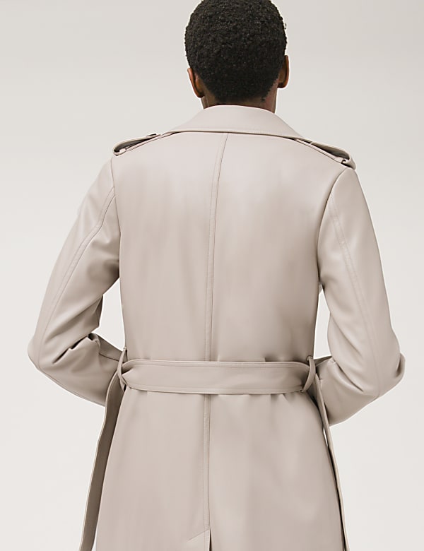 Faux Leather Belted Trench Coat