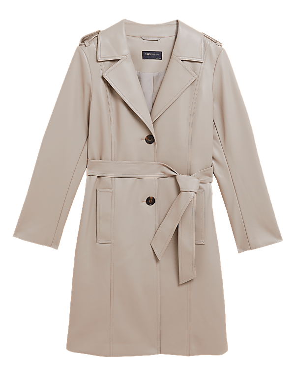 Faux Leather Belted Trench Coat