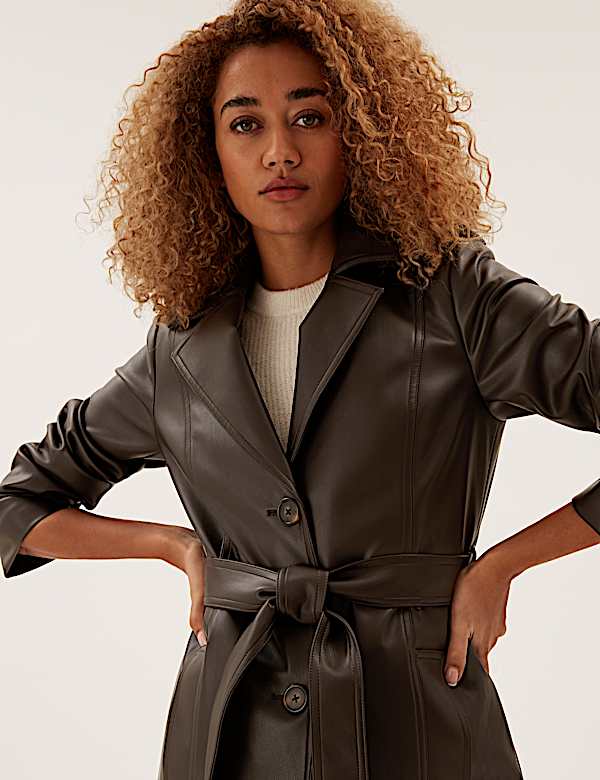 Faux Leather Belted Trench Coat