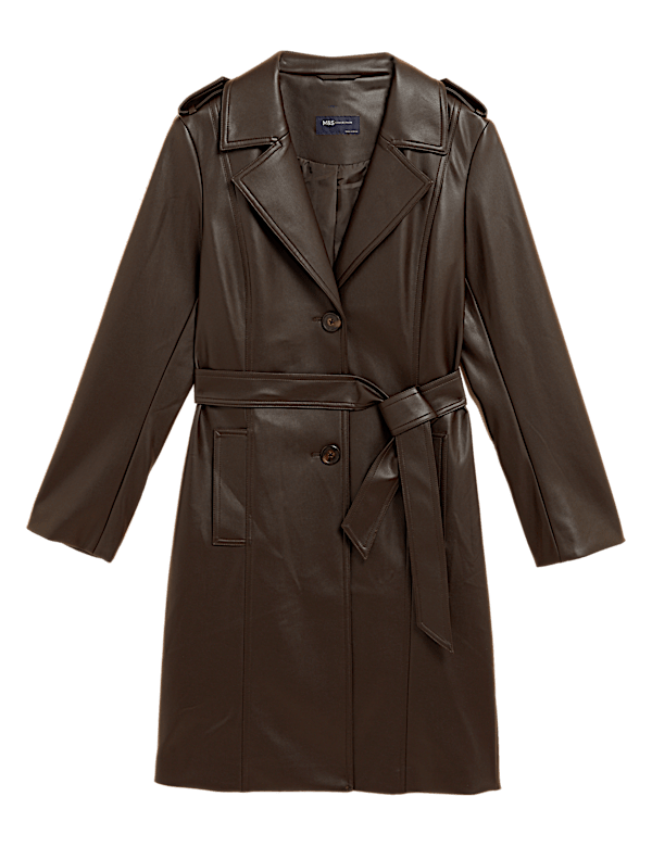 Faux Leather Belted Trench Coat