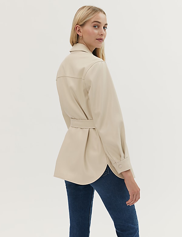 Faux Leather Belted Collared Shacket