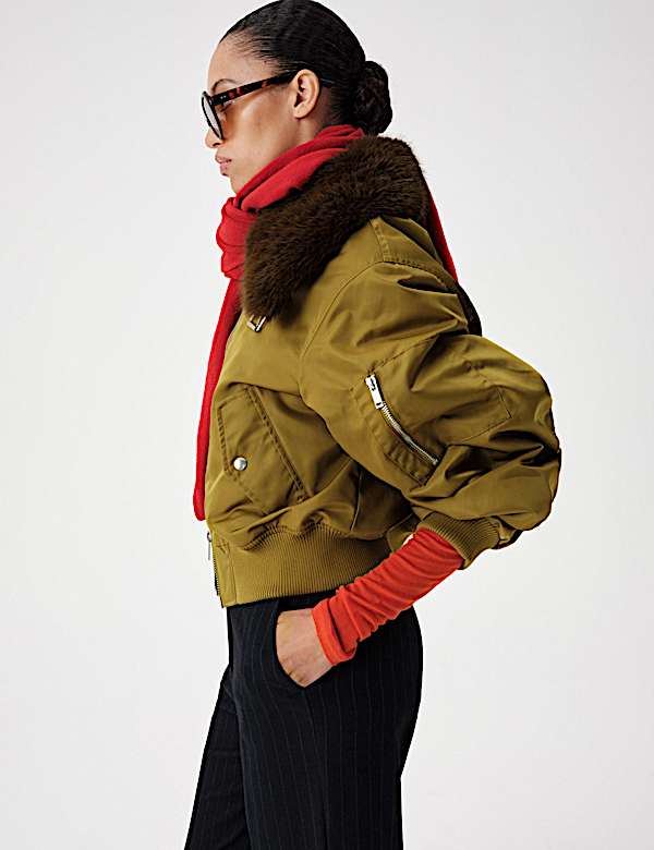 Faux Fur Trim Flight Bomber Jacket - BE