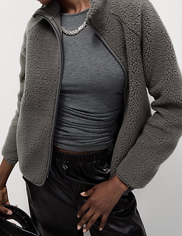 ז'קט קל משקל מבד דמוי צמר עם צווארון נשפך - IL