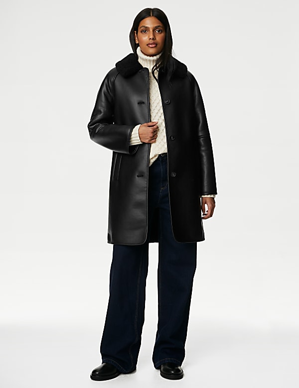 Faux Leather Borg Lined Collared Coat - FI