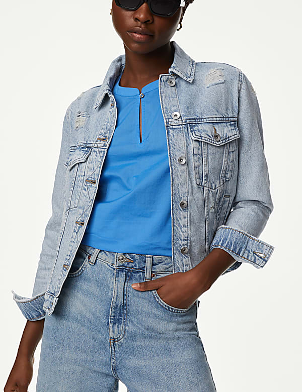 Denim Distressed Collared Jacket
