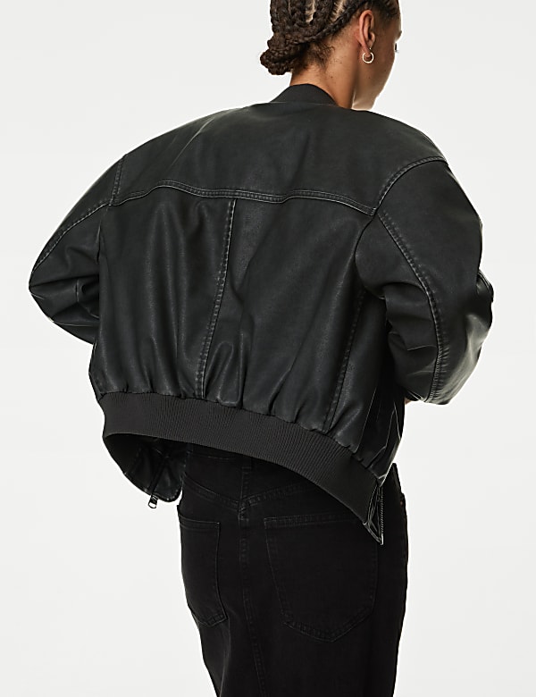 Faux Leather Aged Bomber Jacket - FR