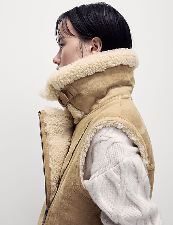 Suedette Shearling Textured Aviator Gilet