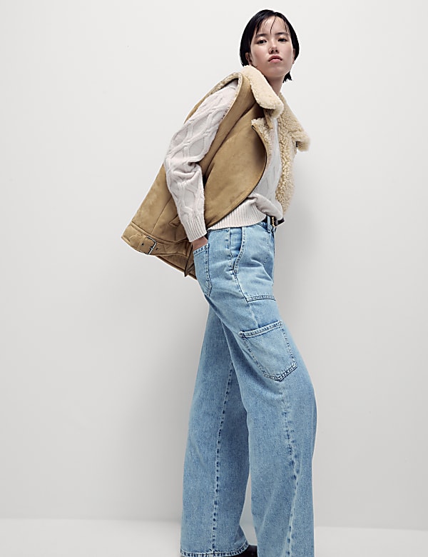 Suedette Shearling Textured Aviator Gilet