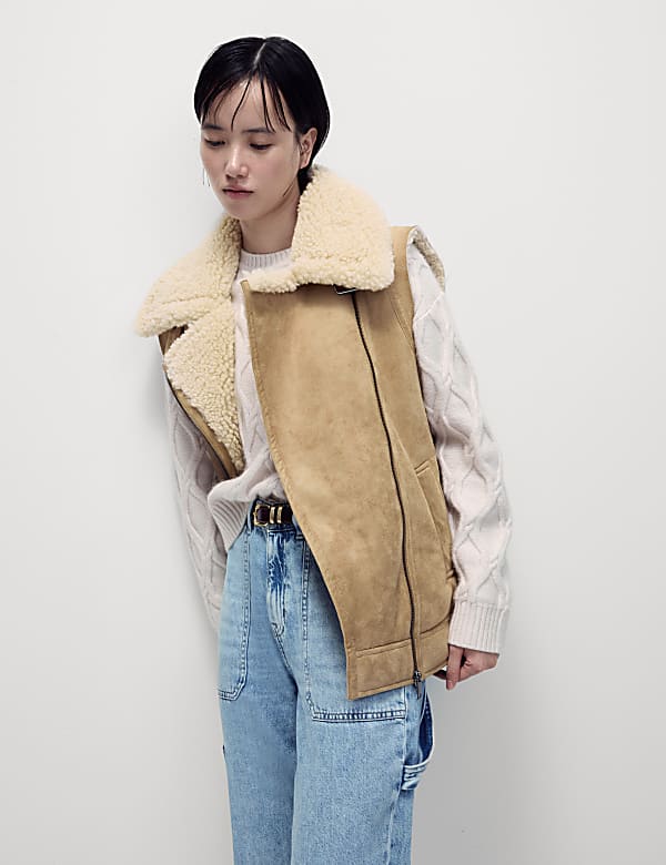 Suedette Shearling Textured Aviator Gilet