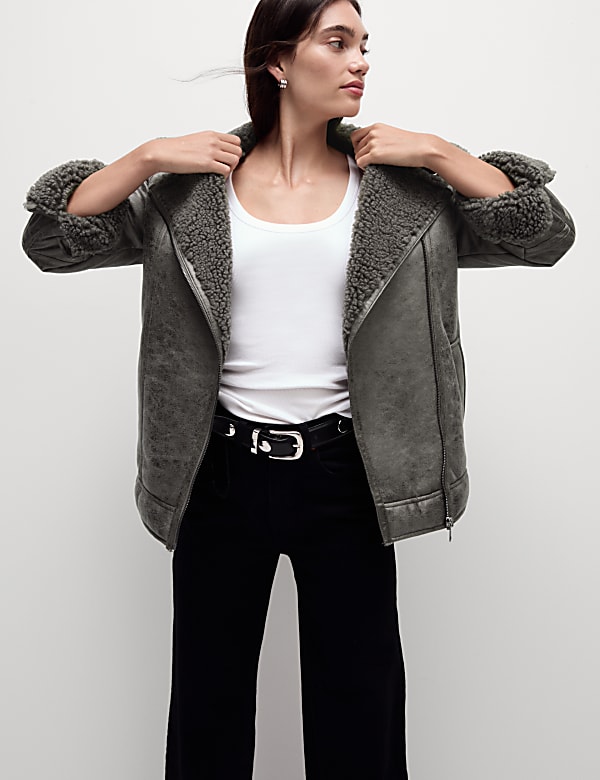 Faux Shearling Borg Lined Aviator Jacket