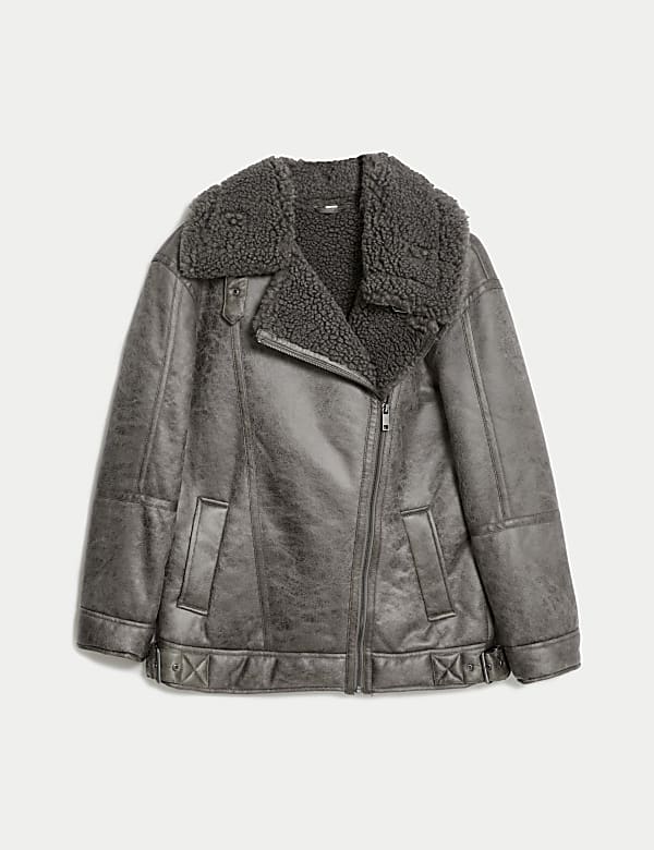 Faux Shearling Borg Lined Aviator Jacket - SK