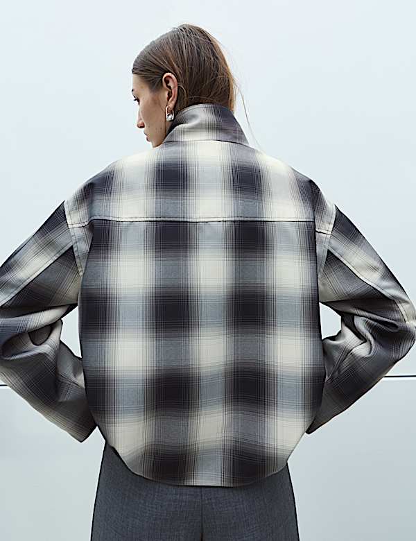 Checked Bubble Hem Funnel Neck Jacket - BE