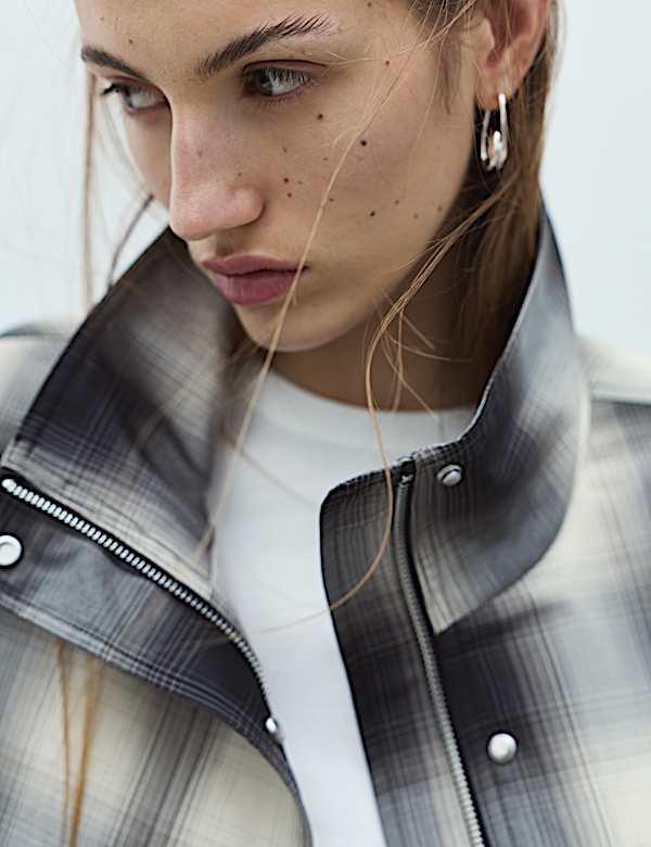 Checked Bubble Hem Funnel Neck Jacket - BE