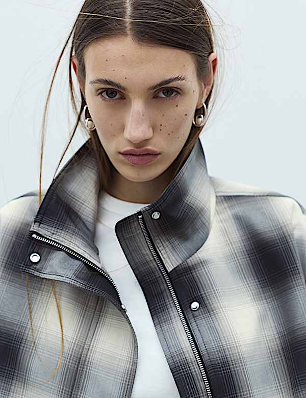 Checked Bubble Hem Funnel Neck Jacket - BE