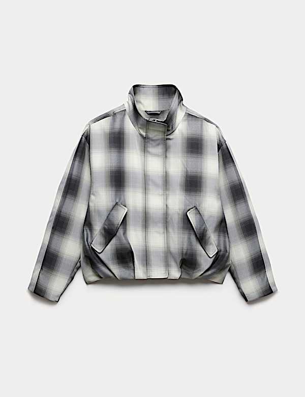 Checked Bubble Hem Funnel Neck Jacket - BE