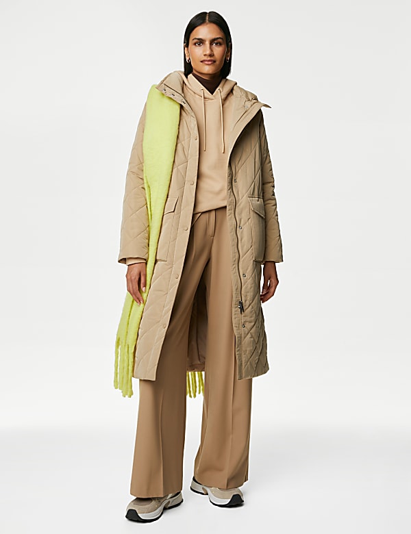 Diamond Quilted Funnel Neck Longline Coat