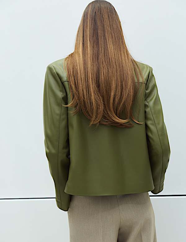 Faux Leather Collared Jacket - BE