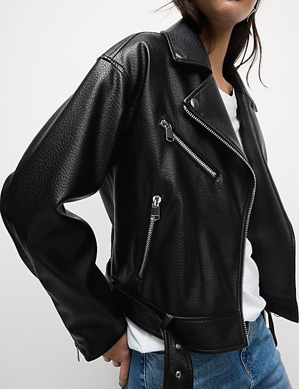Faux Leather Textured Biker Jacket - JE