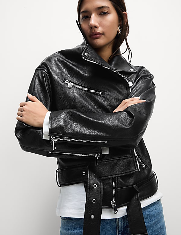Faux Leather Textured Biker Jacket
