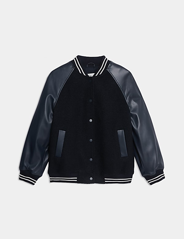 Faux Leather Relaxed College Bomber Jacket - JE